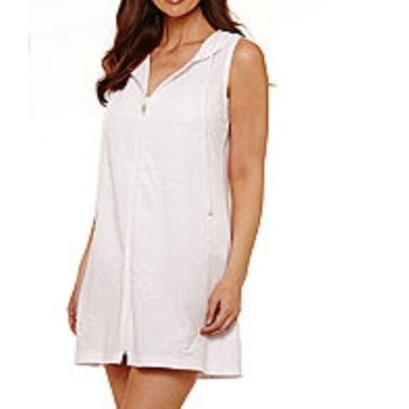 Lovely Whereabouts Swim Cover Up Hooded Sleeveless Dress White Medium zippered - Picture 3 of 16